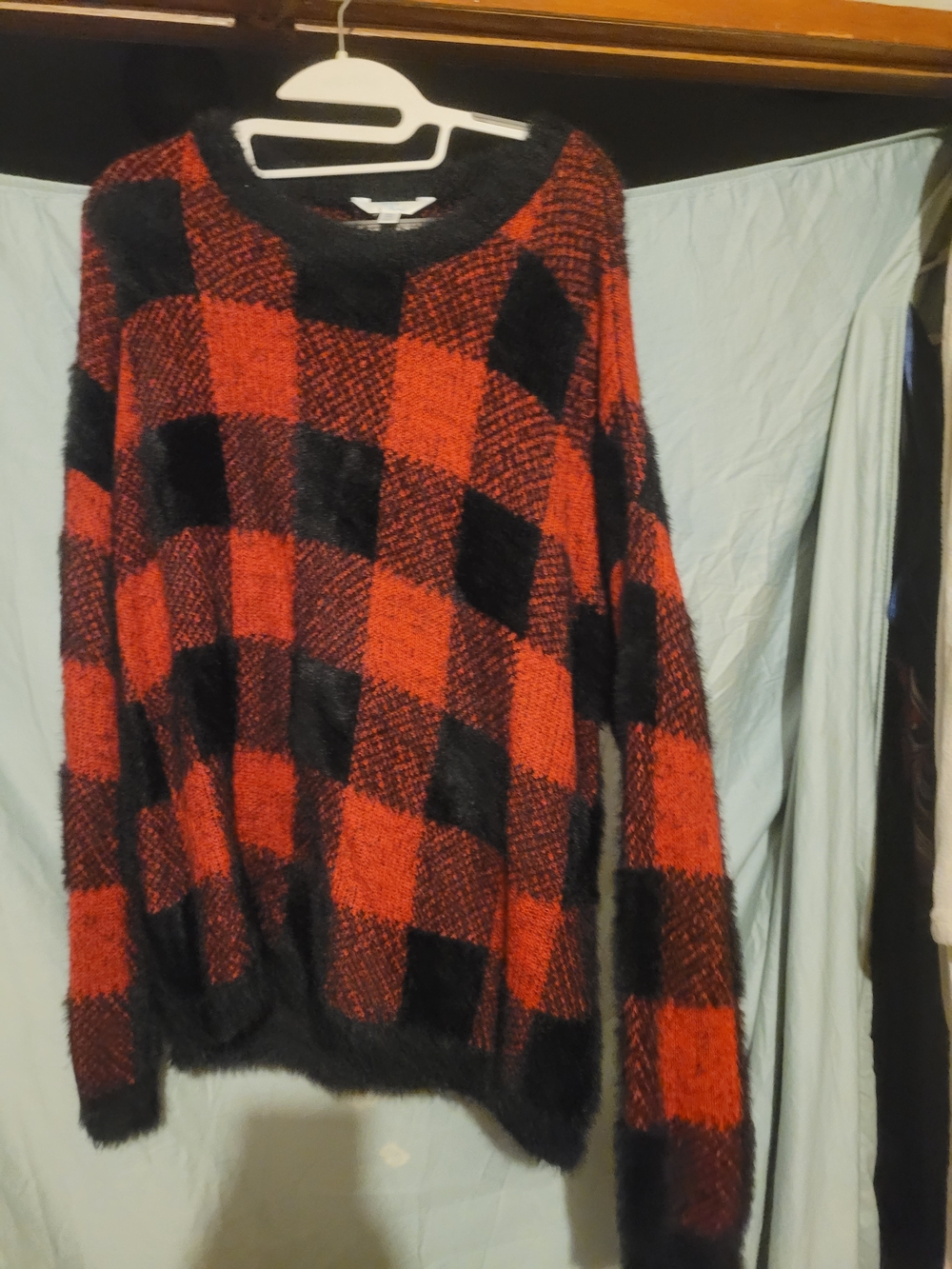 Time and Tru Red and Black Buffalo Plaid Fuzzy Crew Neck Sweater